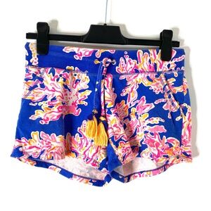 Lilly Pulitzer Blue Pink Orange Cotton Stretch Shorts Tassel Drawstring